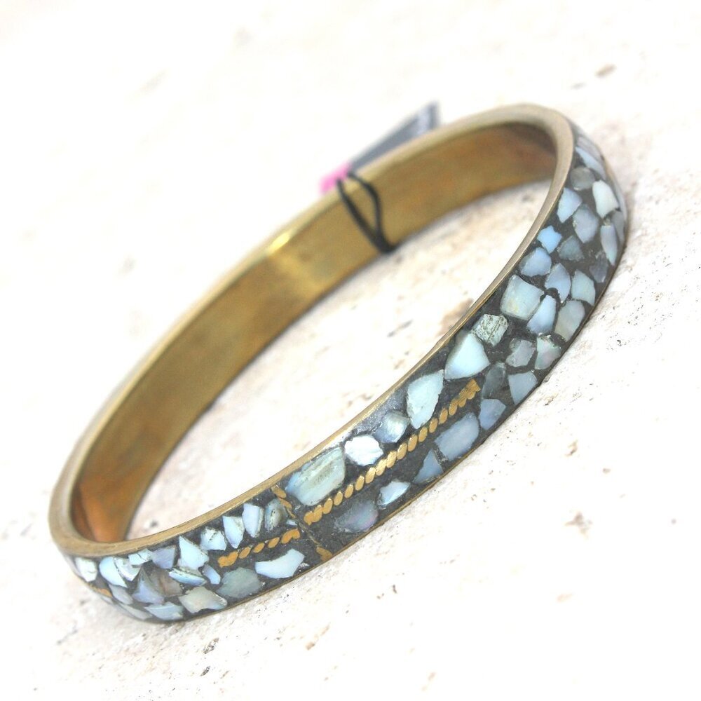 Mosaic Faux Grey Stone Rustic Antique Gold Cross Christian Bangle Bracelet - Picture 2 of 6